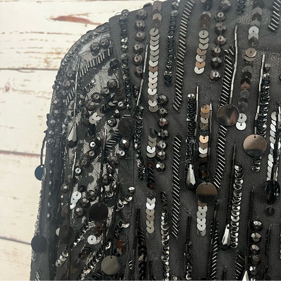 Mac Duggal Black Long Sleeve V Neck Beaded Sequins Mini Dress Size 4 - Picture 13 of 16